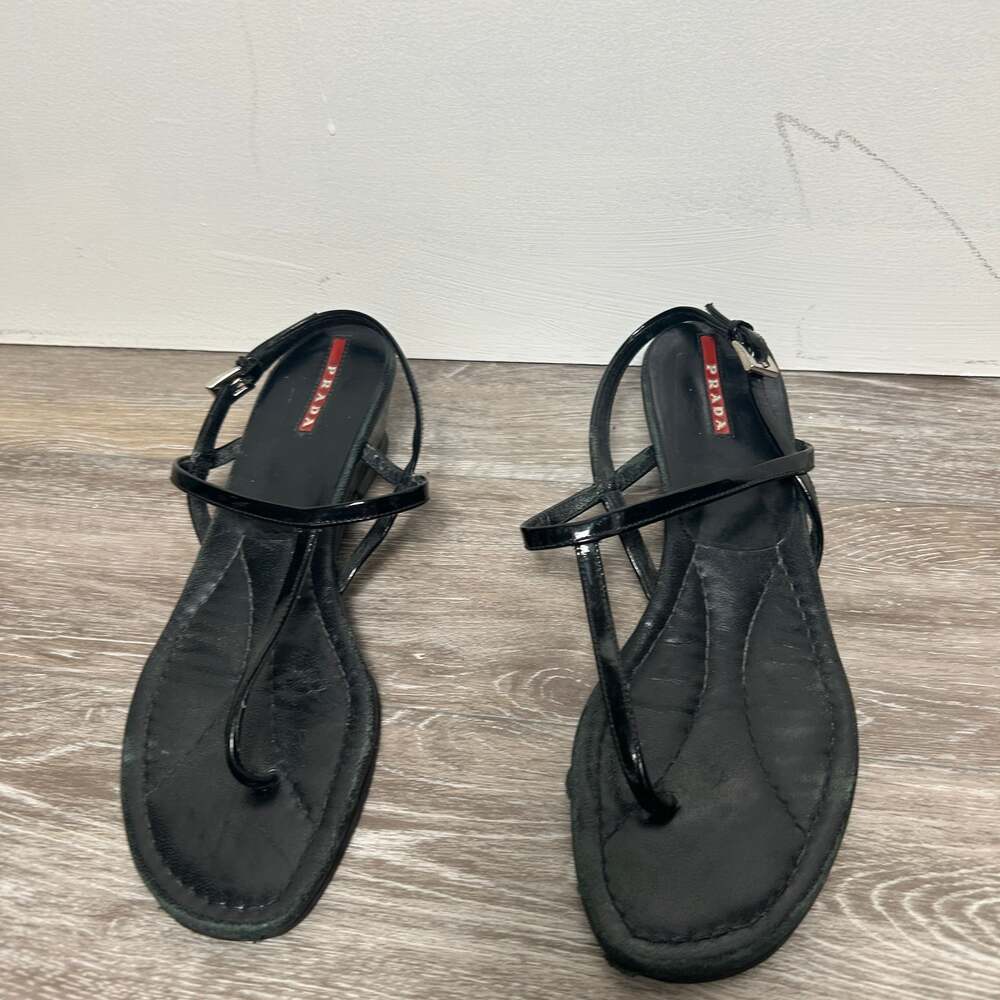 Prada Black Patent Leather T-Strap Wedge Sandals